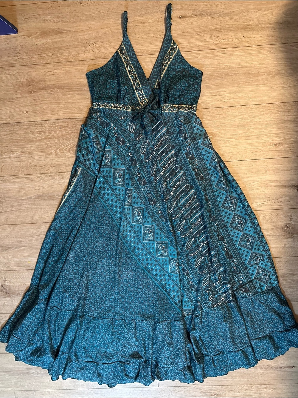 CELINA- Bohemian Teal V-Neck Maxi Dress with Tie Front - Picture 5 of 8
